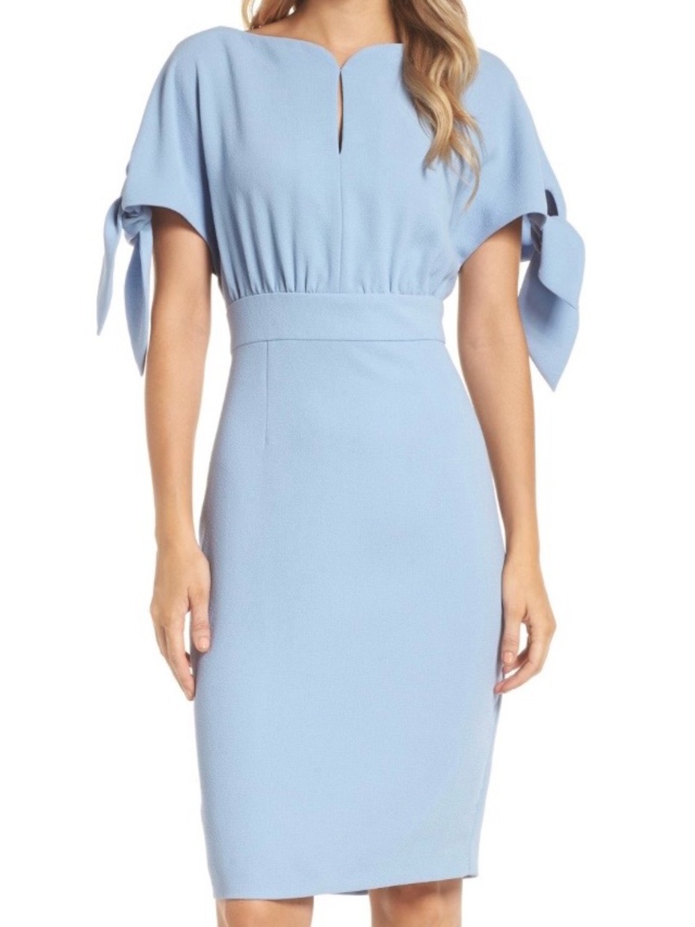Lela Rose Elegant Light Blue Sheath Wool Dress with Tie Sleeve Detail. Size 8.